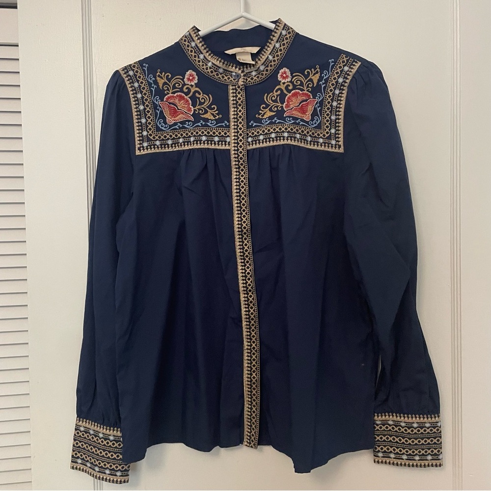 Embroidered Navy Blue Women's Top
